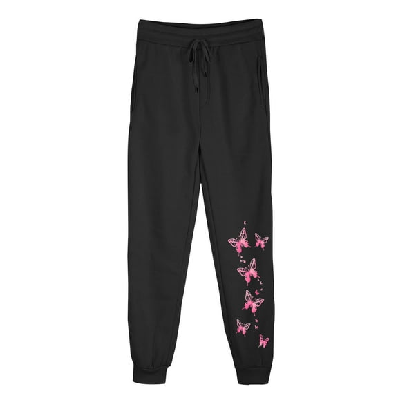 successthop Sweatpants Women Fleece Pants with Pockets Printed ELastic Waist Sportpants Lightweight Trousers Black