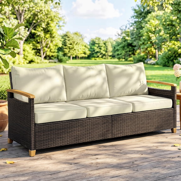 Outsunny 3 Seater Outdoor Couch Sofa, PE Wicker Patio Sofa with Wide Deep Seat, 4" Cushions, Wood-Effect Armrests and Legs, Beige