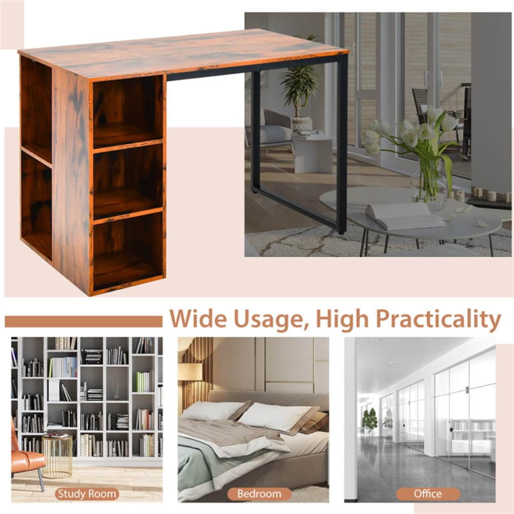 Demi Bonn Computer Desk with 5 Side Shelves and Metal Frame, Small Home Office Desk Study Writing Table, Brown
