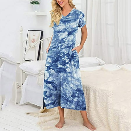 

uikmnh Womens Long Nightgown Short Sleeve Nightshirt V-Neck Soft Loungewear With Pocket Blue L