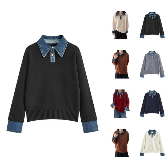 Pullover Sweaters for Women 2025 Long Sleeve Button Collared Loose Denim Patchwork Sweater Tops Fall Winter Outfits