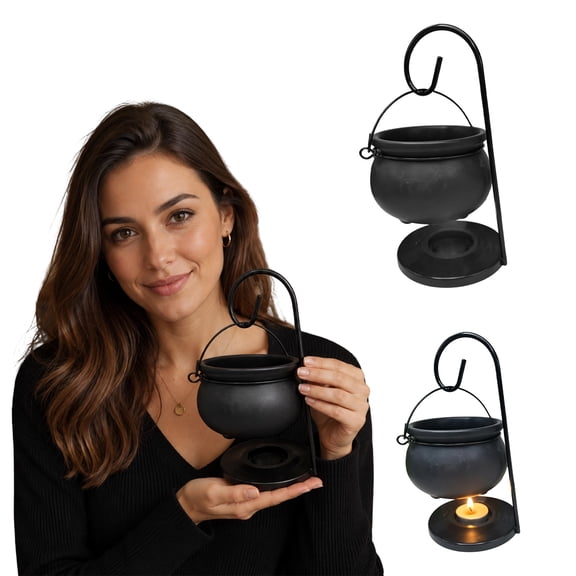 Ktlvex Ceramic Cauldron Oil Burner with Stand, Black Witch Pot Wax Melter & Tea Light Candle Holder, Gothic Hanging Halloween Home Bedroom Decor