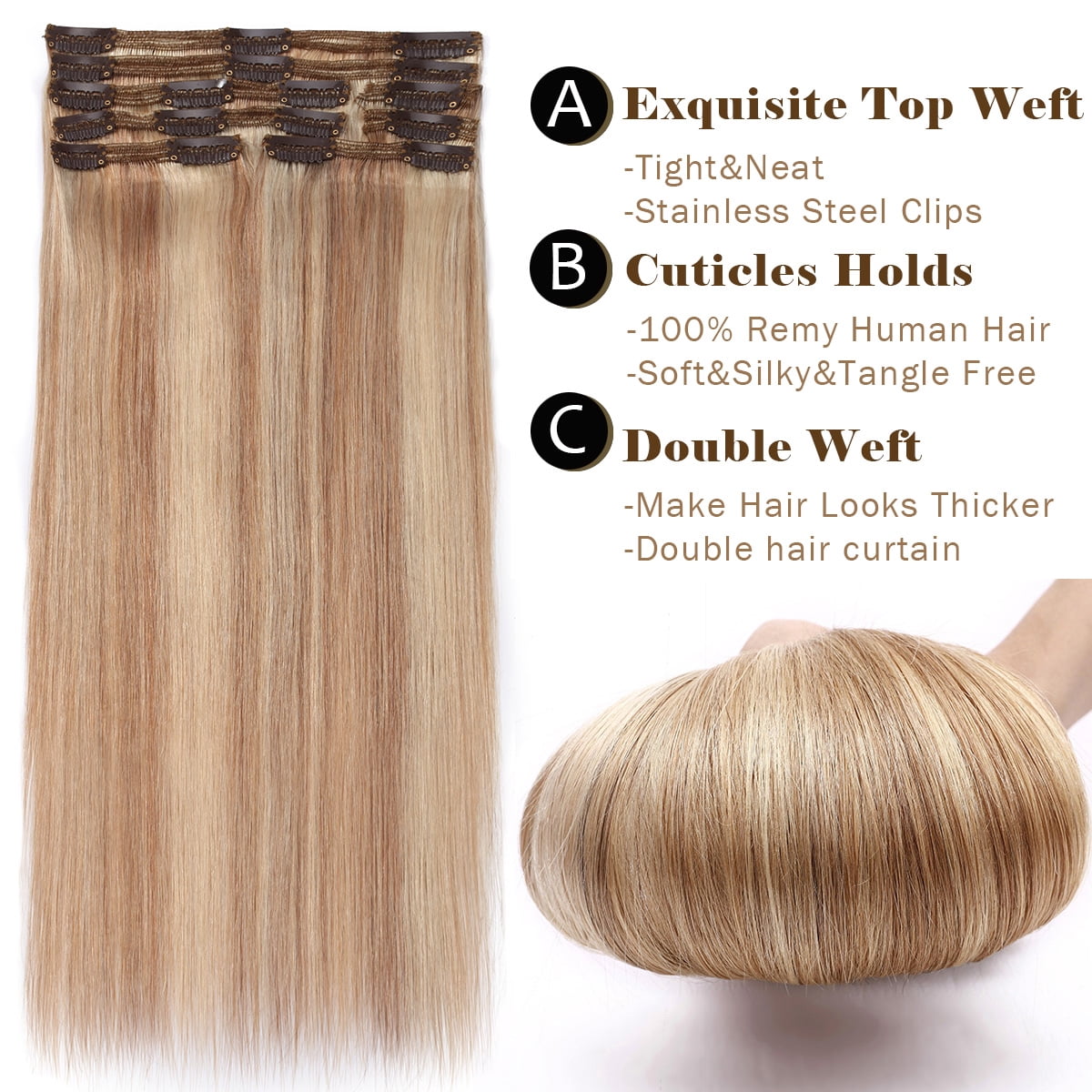 SEGO Clip in 100% Human Hair Extensions Real Thick Remy Hair Full Head 8 PCS Hair Pieces for Woman Balayage Black Brown Blonde