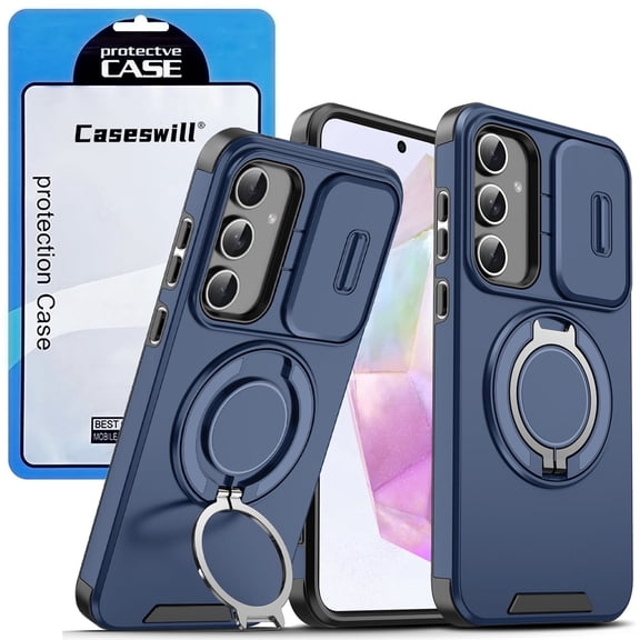 Caseswill for Samsung Galaxy A37 5G Case with 2X Screen Protector, Dual-Layer Hybrid Shockproof Magnetic Ring Holder Stand with Slide Camera Cover