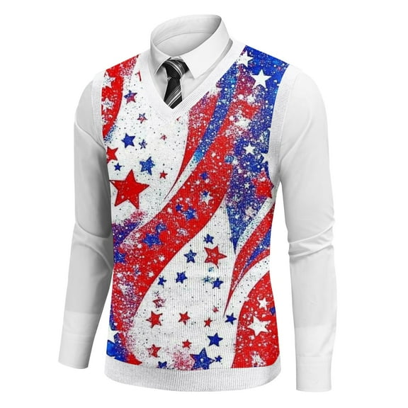 Men's Patriotic Star-Patterned Sleeveless Sweater Vest Red White And Blue Knit V-Neck Tank Top
