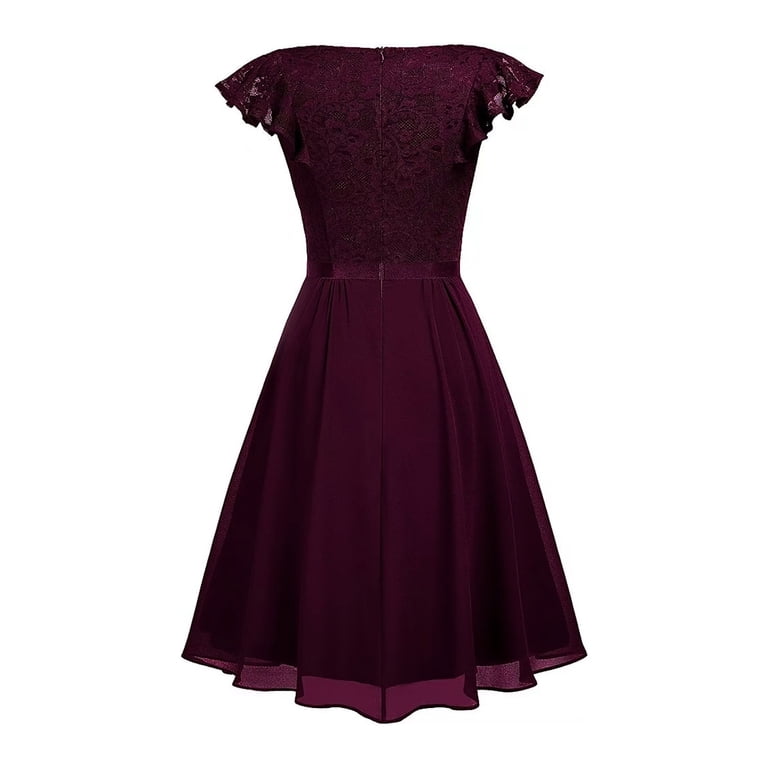 homecoming dresses retro Purcolt Women's Floral Lace Cocktail Dress V Neck A Line Swing Bridesmaid Midi Dress Vintage Elegant Wedding Guest Dress group-647