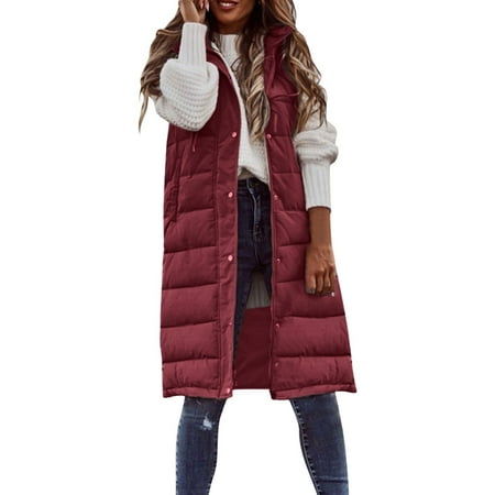 Hontri Women s Outerwear Vests Womens Winter Sleeveless Coat Vest Long Hoodie Warm Down Coat with Pockets Quilted Outdoor Jacket Wine M