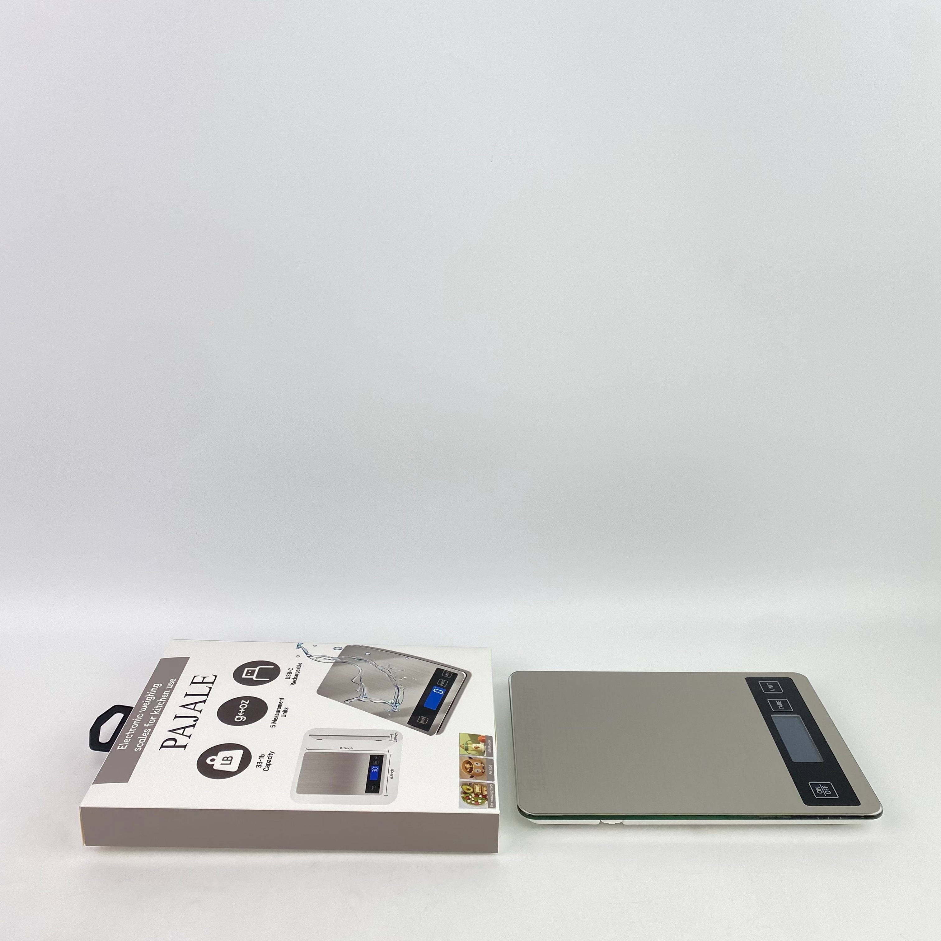 PAJALE Electronic weighing scales for kitchen use,33lb Food Scale, Digital Kitchen Scale Batteries and USB Charging,1g/0.05oz Precise Graduation (Stainless Steel)