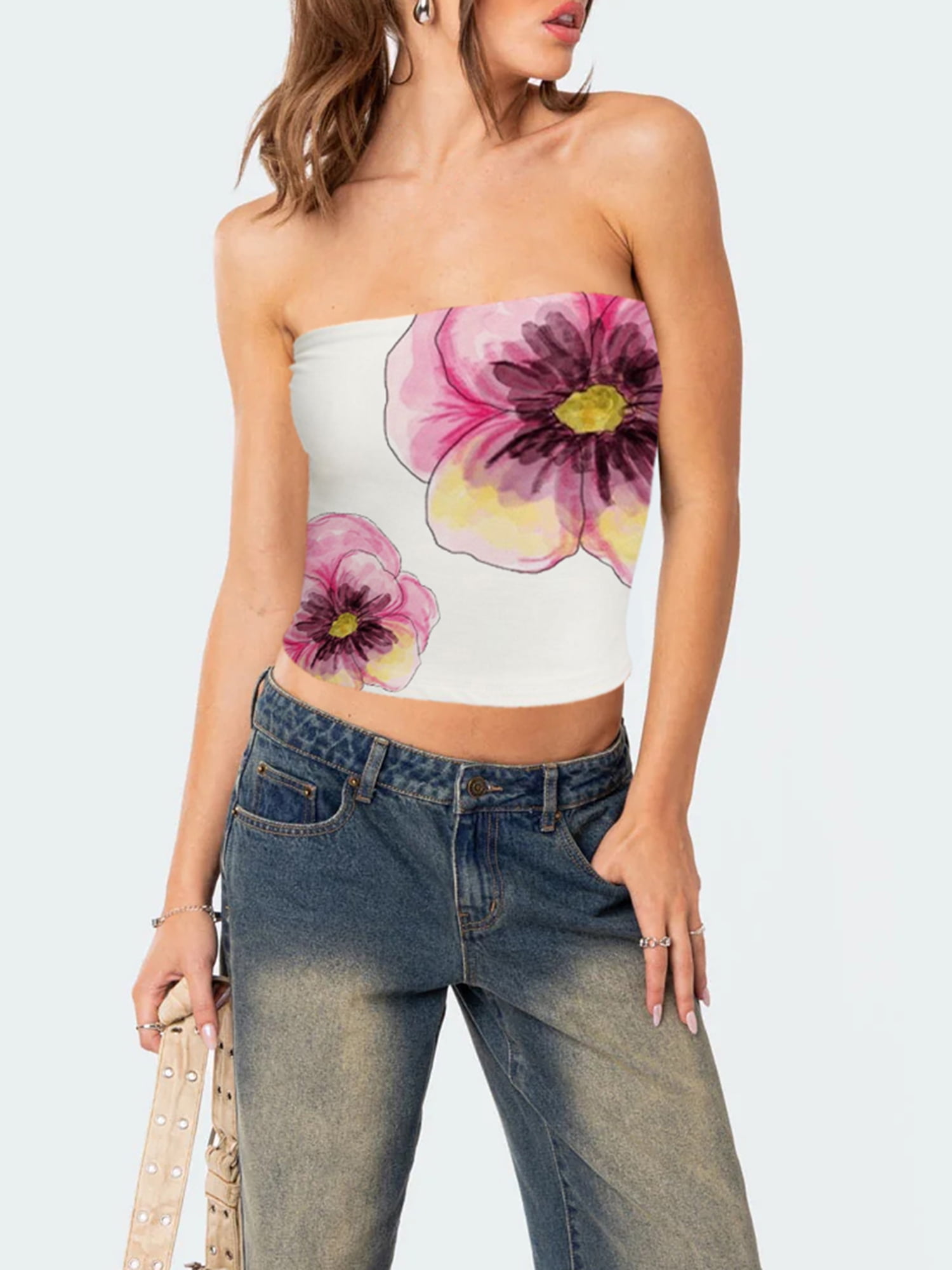 Gupgi Women's Lily Print Tube Tops Flower Pattern Bandeau Slim Fit