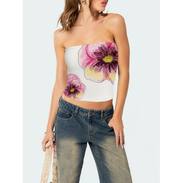 トップス S flower taped camisole Gupgi Women's Lily Print Tube Tops Flower Pattern Bandeau Slim Fit