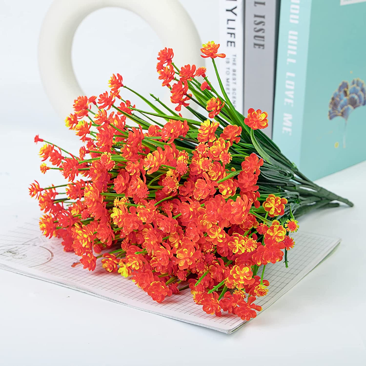 Artificial Flowers for Outdoor Decoration UV Resistant Fake Plastic Plants Artificial Greenery for Spring Summer Indoor Outdoor Garden Patio Window Box Kitchen Home Decor, Orange
