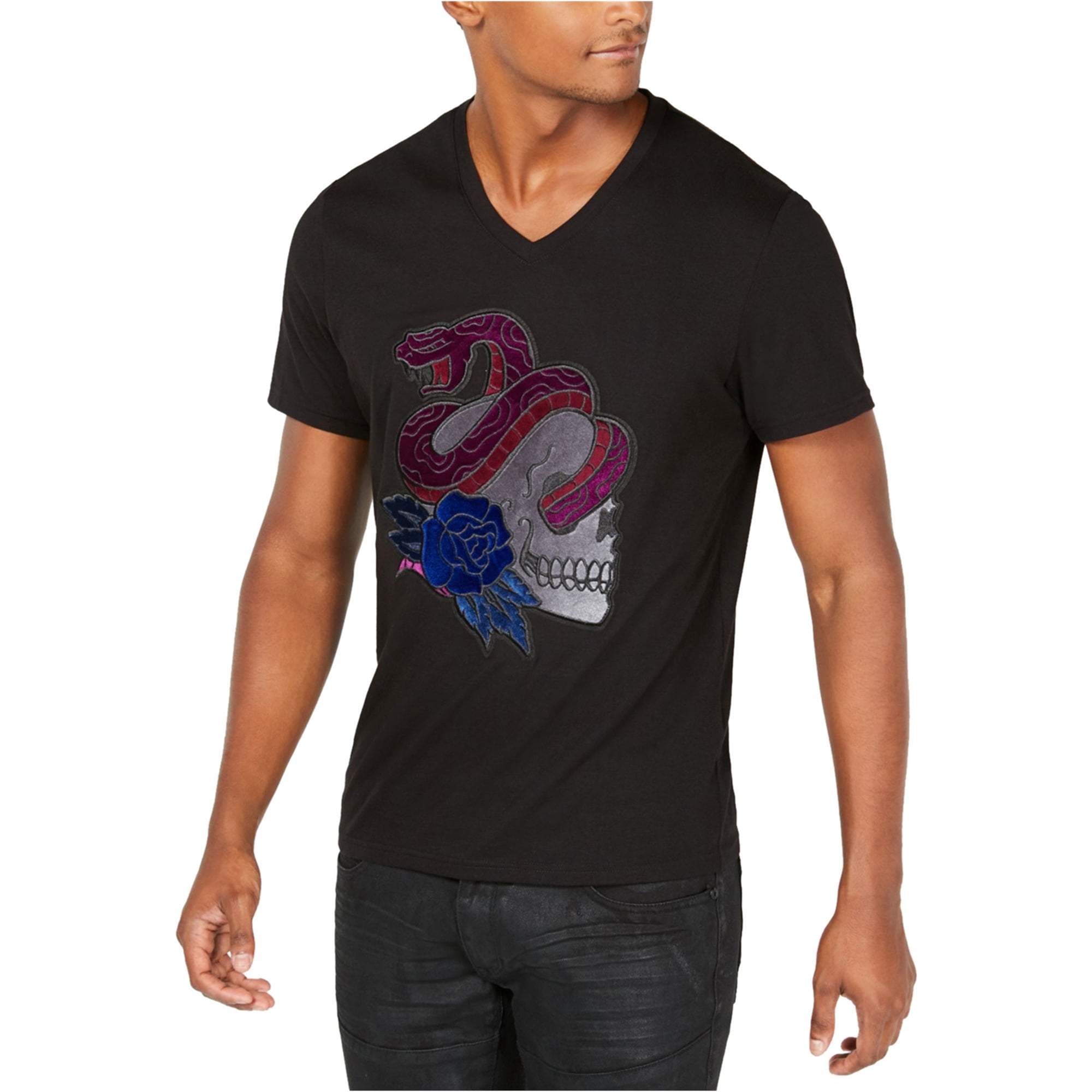 I-N-C Mens Skull Snake Rose Graphic T 