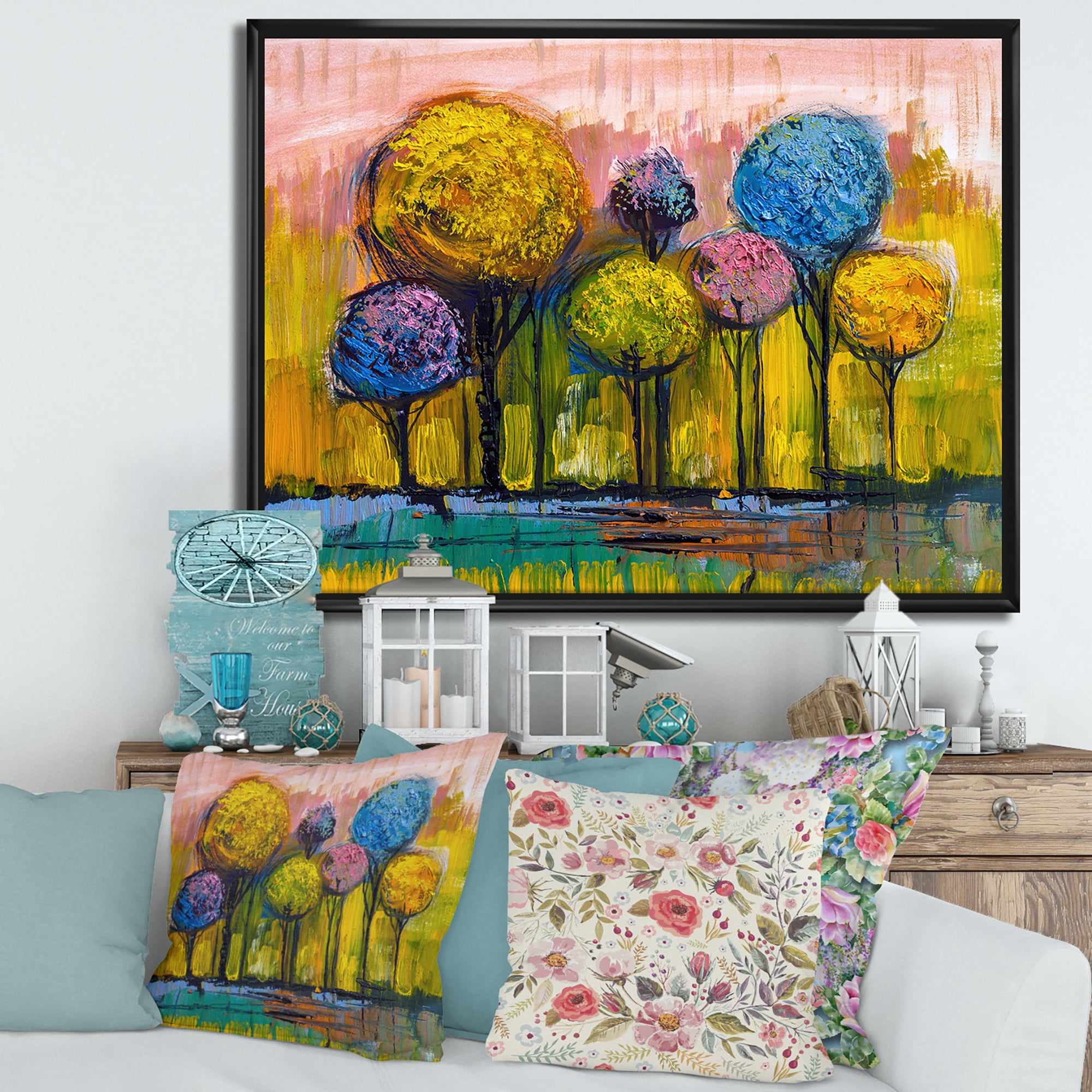 Designart 'Colourful Landscape Trees Impressionist IV' Modern Framed Canvas Wall Art Print