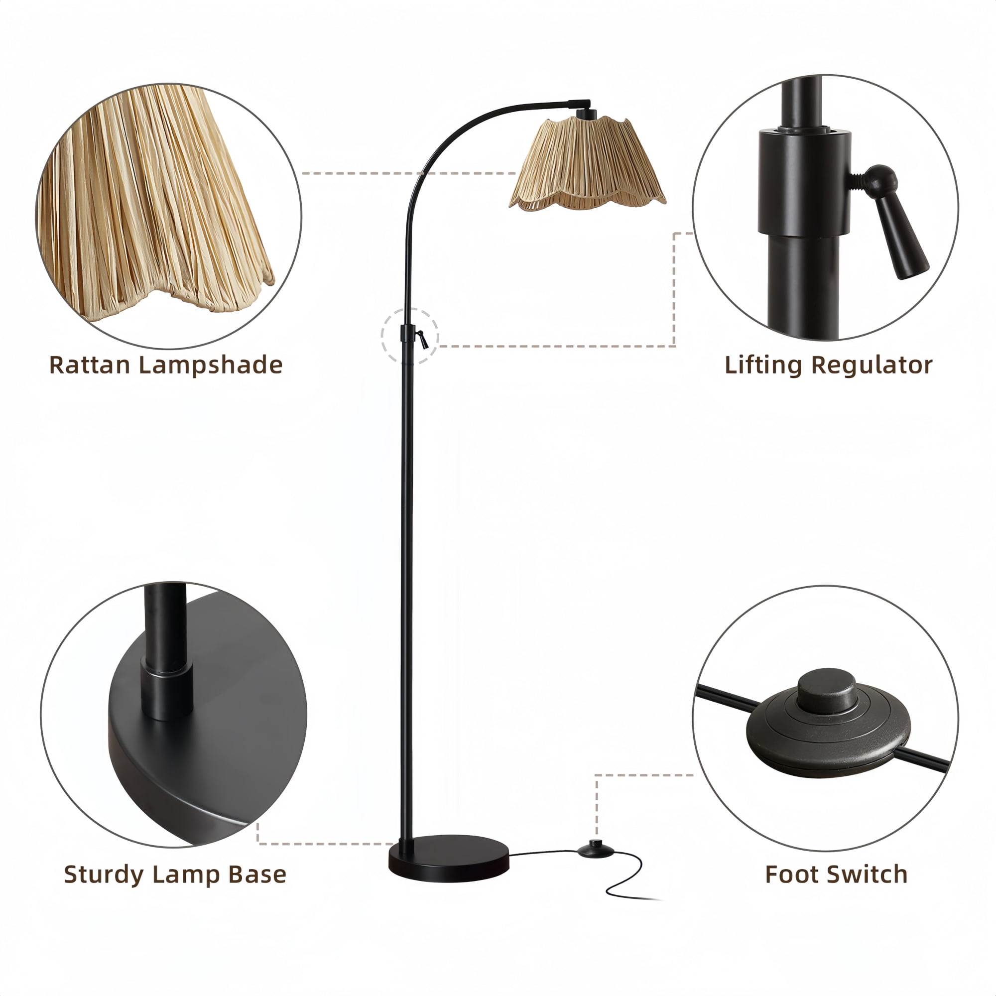 RORIA Adjustable Arc Floor Lamp with Paper-Woven Shade, Black Metal Standing Lamp with Foot Switch, 54-64” Height Adjustable, for Living Room Bedroom Office.