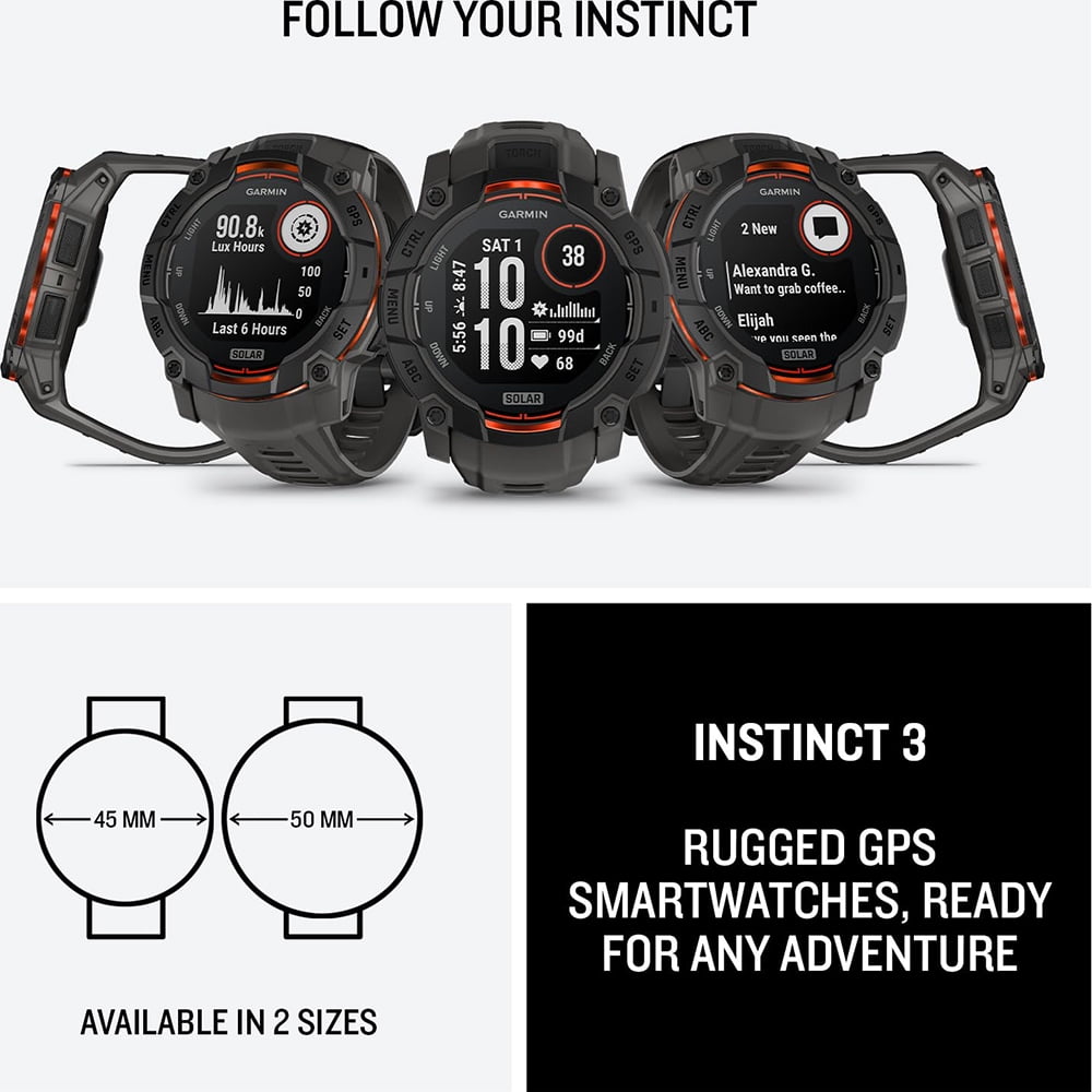 Garmin Instinct 3 50 mm Outdoor GPS Smartwatch SOLAR, Black w/ Charcoal Band Bundle with Deco Essentials Charging Dock for Venu 3 + Silicone Dust Cover + Tempered Glass Screen Protector (2-Pack)