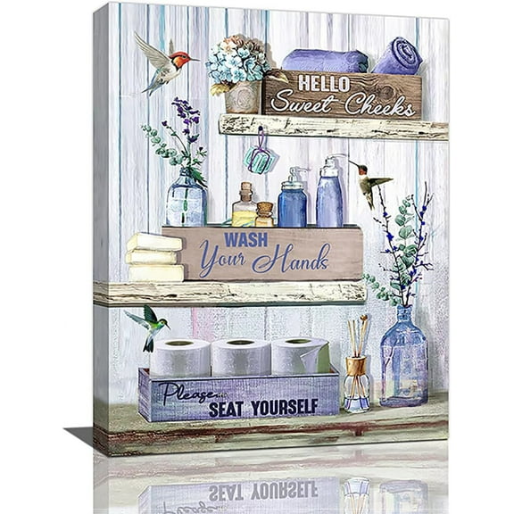 Farmhouse Bathroom Decor Wall Art Country Bathroom Hummingbird Canvas Print Painting Purple Rustic Bathroom Pictures Bathroom Sign Office Home Artwork Decoration for Restroom Toilet 12"x16"