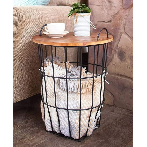 Wood Top Storage Basket Side Table 17" Dia. x 22-1/2"H