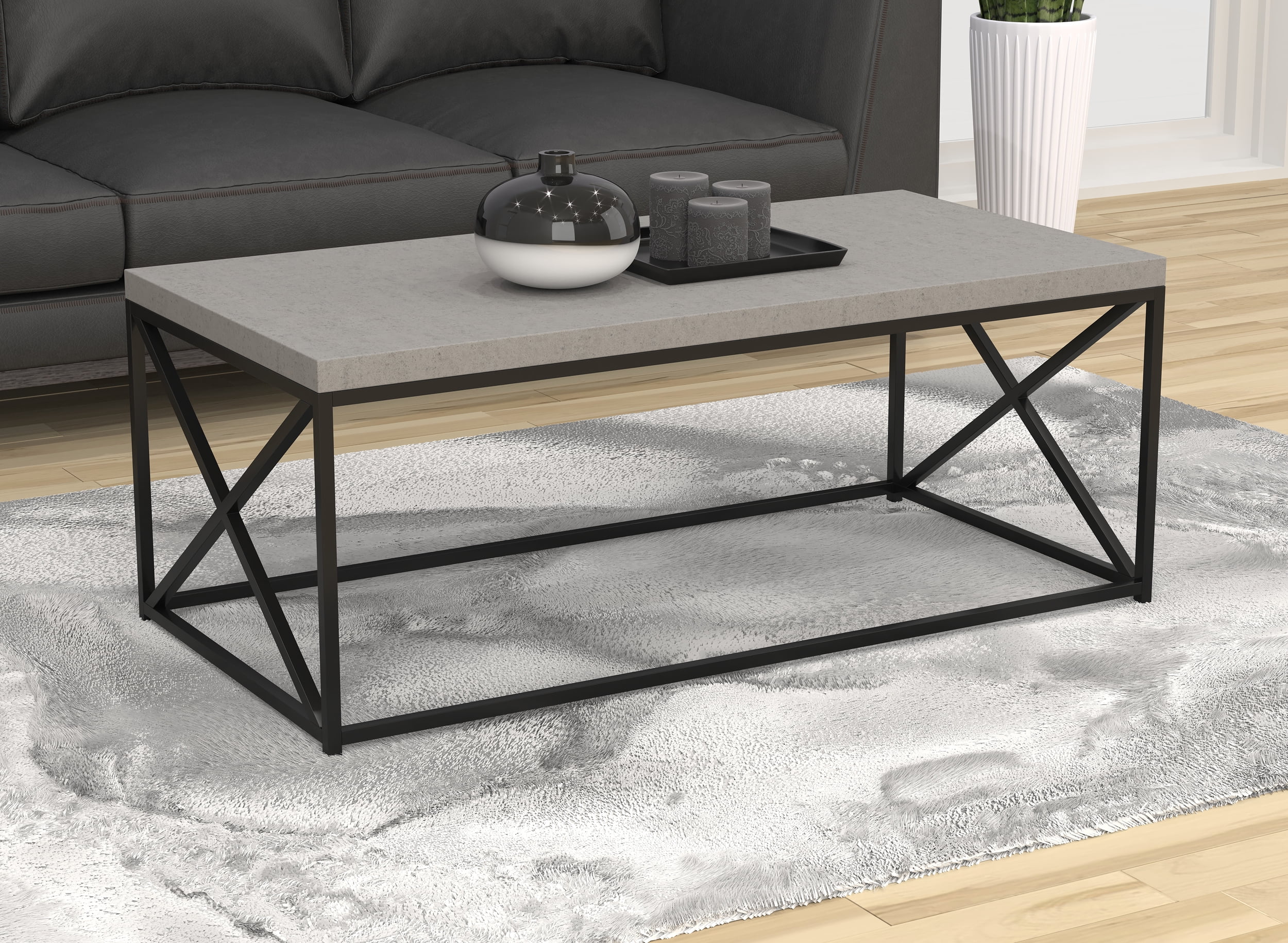 Safdie & Co. Coffee Table48"L/Grey Cement/Black Metal