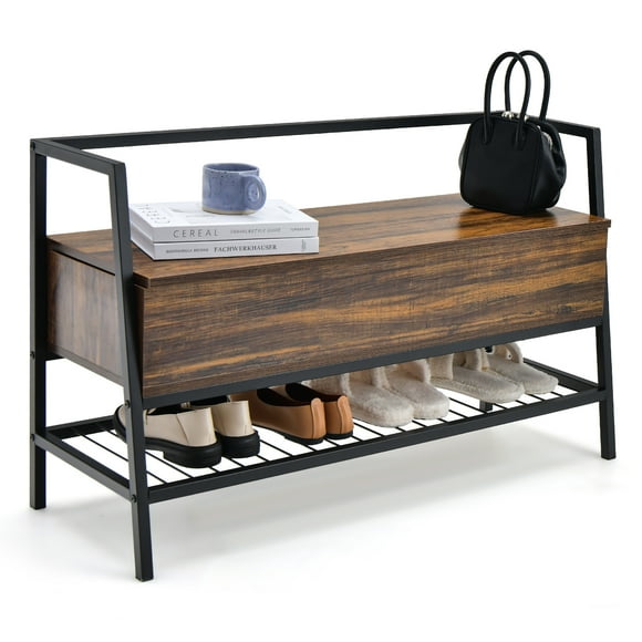 Costway Industrial Shoe Bench Rack Organizer withPremium Gas Lift & Hidden Storage Box