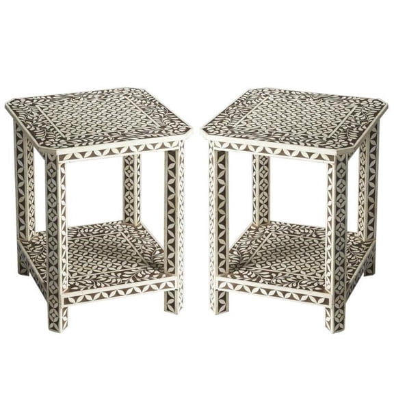 Home Square Bone Inlay Square End Table in Brown Bone Inlay - Set of 2