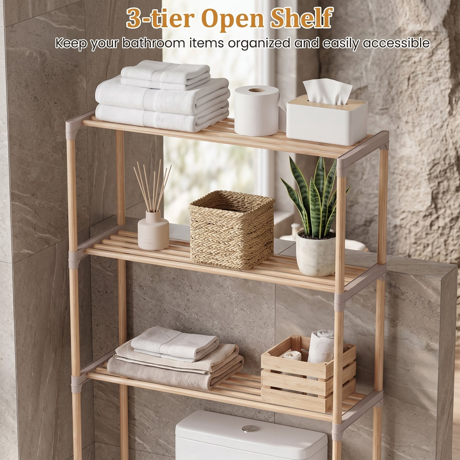 ALPULON Multi-Tier Over the Toilet Storage Rack with Open Shelves and Solid Pine Wood Frame for Bathroom and Laundry Room, Natural and Gray