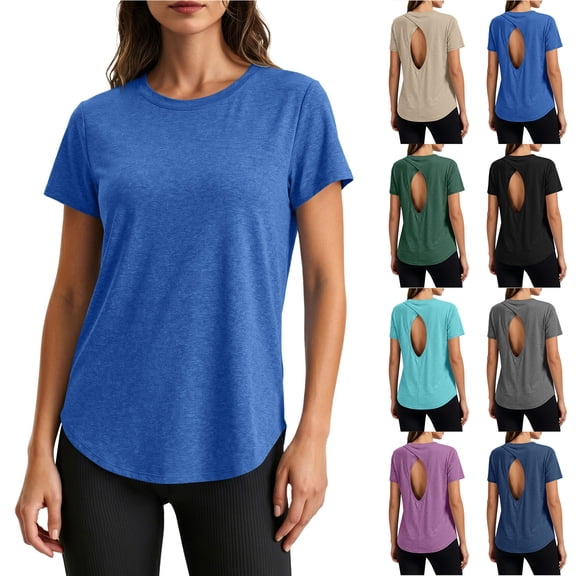 Otntypg Open Back Workout Tops for Women Summer Short Sleeve Crew Neck Yoga Pilates Tshirts Basic Solid Color Athletic Gym Fitness Tees Shirt