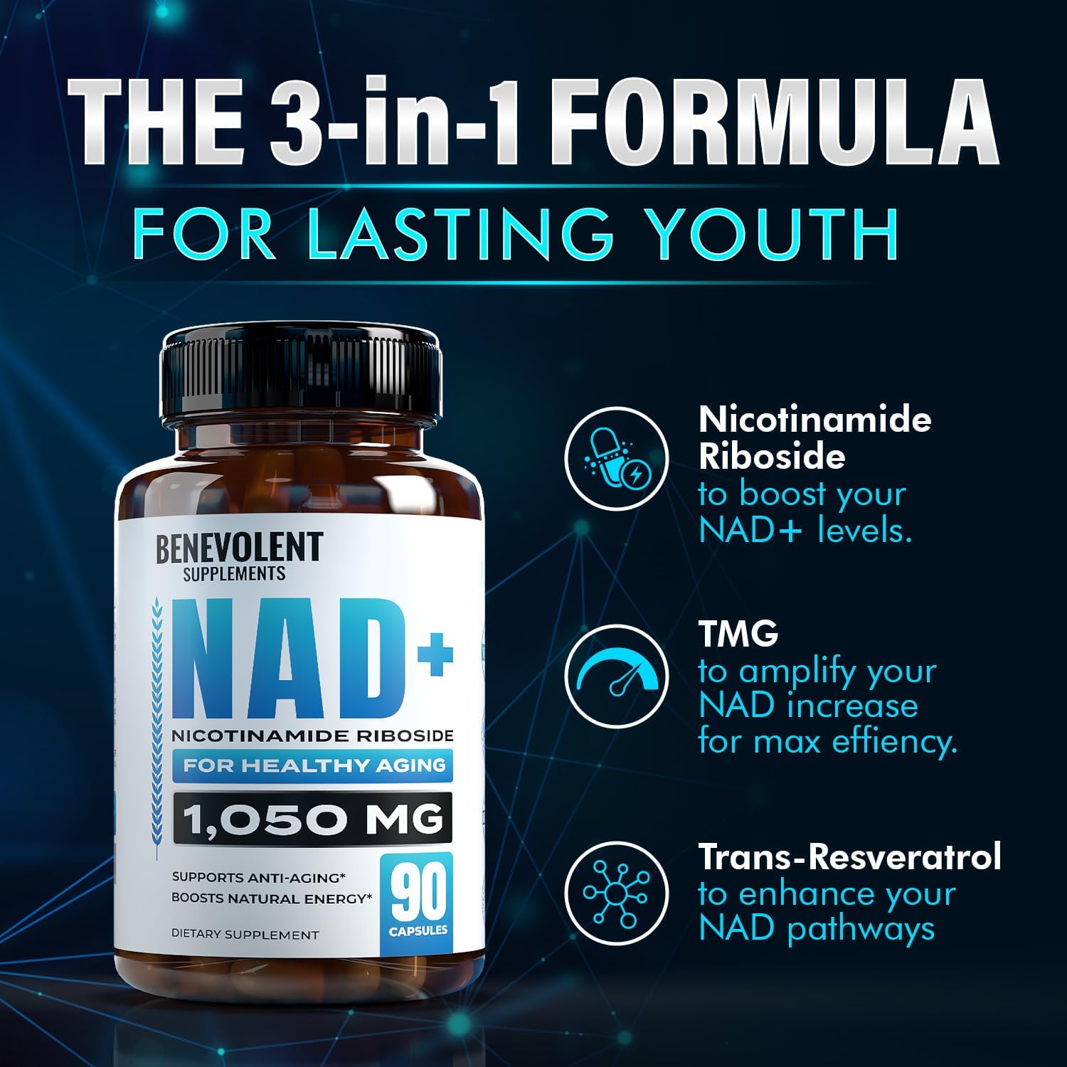 Benevolent Nourishment 1050mg NAD with Nicotinamide Riboside Supplement for Healthy Aging, 90 Capsules