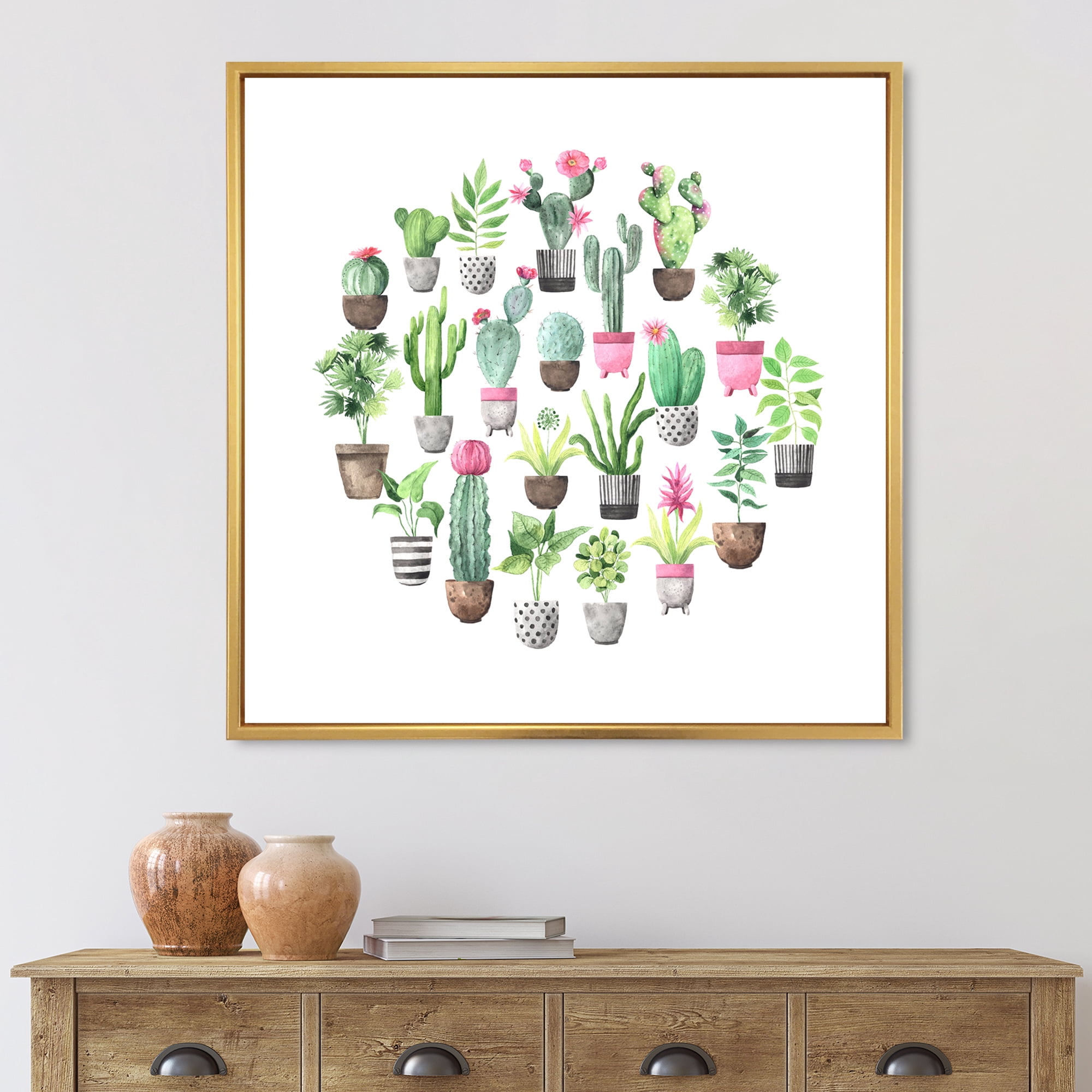 Designart 'Cactus In Ceramic Pots In Gentle Tones II' Traditional Framed Canvas Wall Art Print