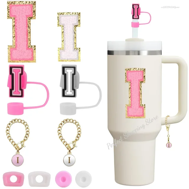 10 piezas diseñadas para accesorios de Stanley Cup de 30 y 40 oz, cubierta de pajita de silicona, dije de manija con letra de identificación con nombre inicial