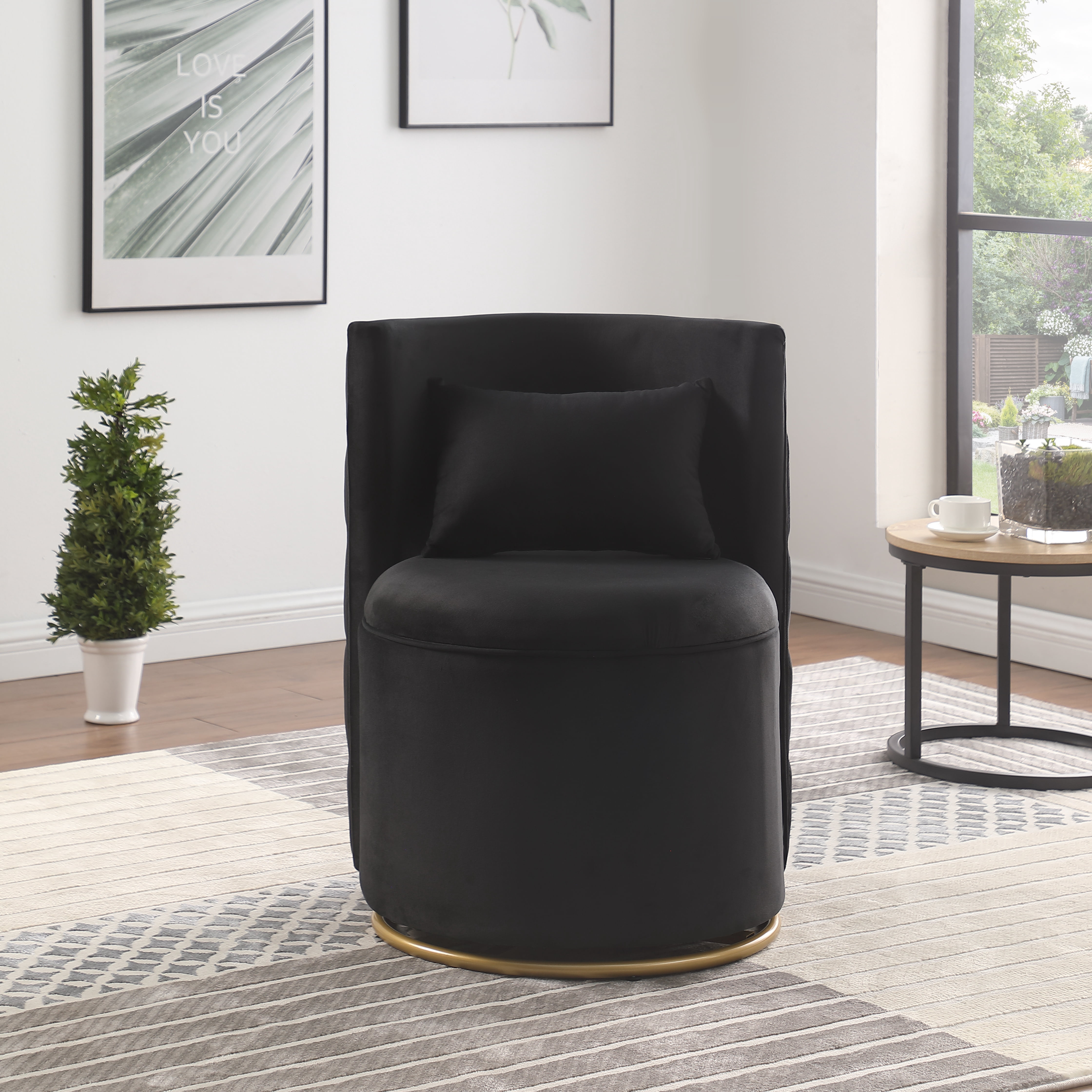 Leumius 360° Swivel Accent Chair with Storage,Velvet Curved Chair with Gold Metal Base for Living Room,Nursery,Bedroom-Black