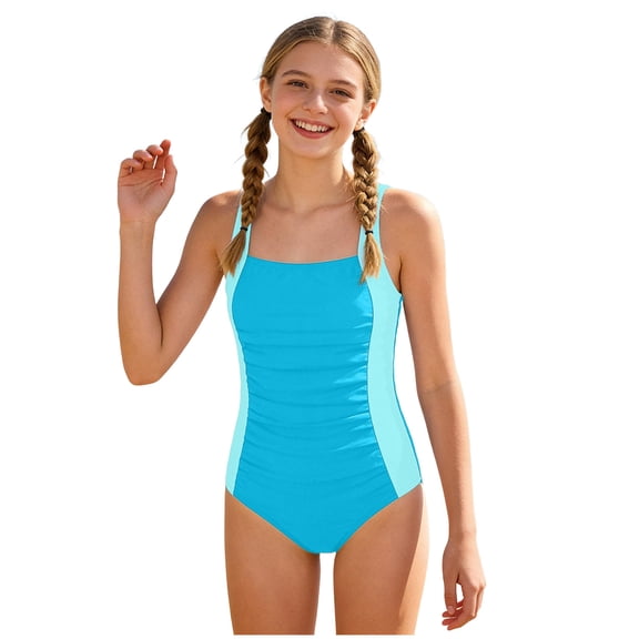 Quealent Girls One Piece Swimsuit with Adjustable Straps, Padded, Sun Protection & Quick Dry Bathing Suit 9-18Y (Blue, 13-14 Years)