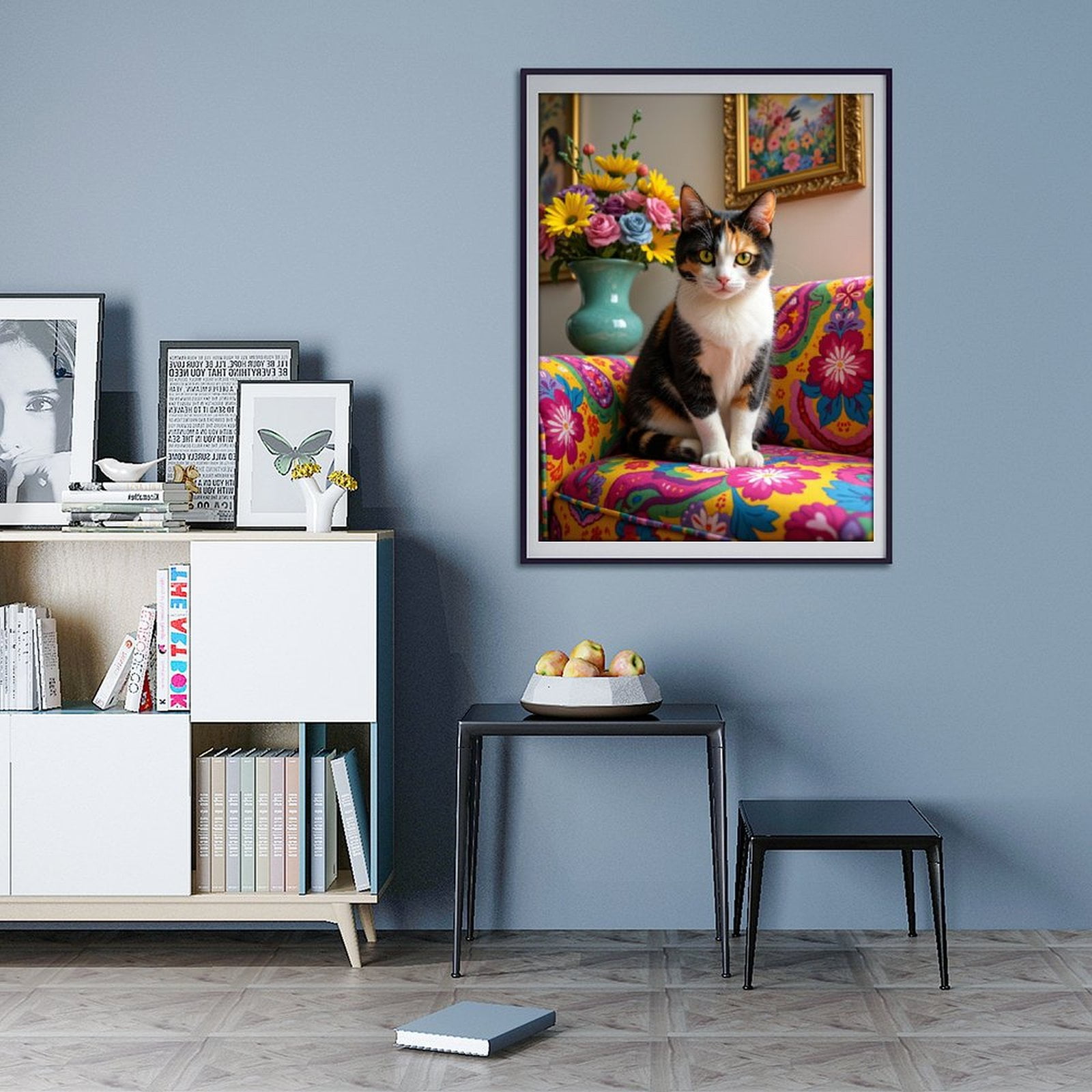 Diamond Art Kit for Adults, Calico Cat Floral Chair Decor Art Diamond Painting for Adults Beginners, 5D DIY Diamond Art Painting Kits, Colorful Diamond Painting Craft for Home Decor 12x16