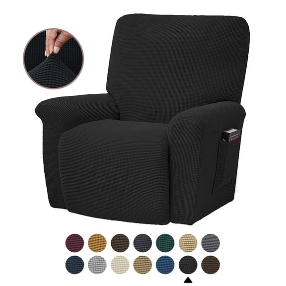 Mictong large solid color fleece recliner cover, washable sofa cover, thick polyester recliner cover, elastic recliner sofa cover, suitable for living room, 4-piece set, black