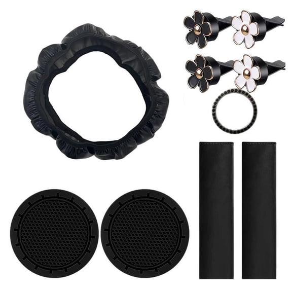 Pink Car Interior Accessories Set for Women, Cute Flower Steering Wheel Cover, Seat Belt Pads, Cup Mats, Air Vent Clips, Rhinestone Ring, Universal Fit