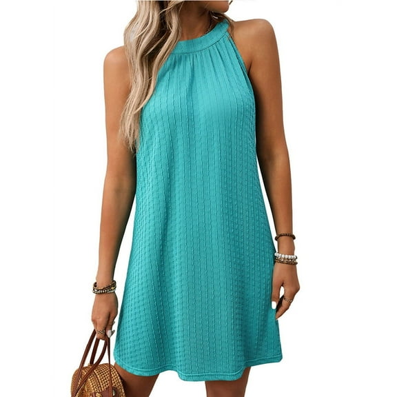 Summer New Solid Color Round Neck Halter Neck Loose Sleeveless Dress Tropical Green L