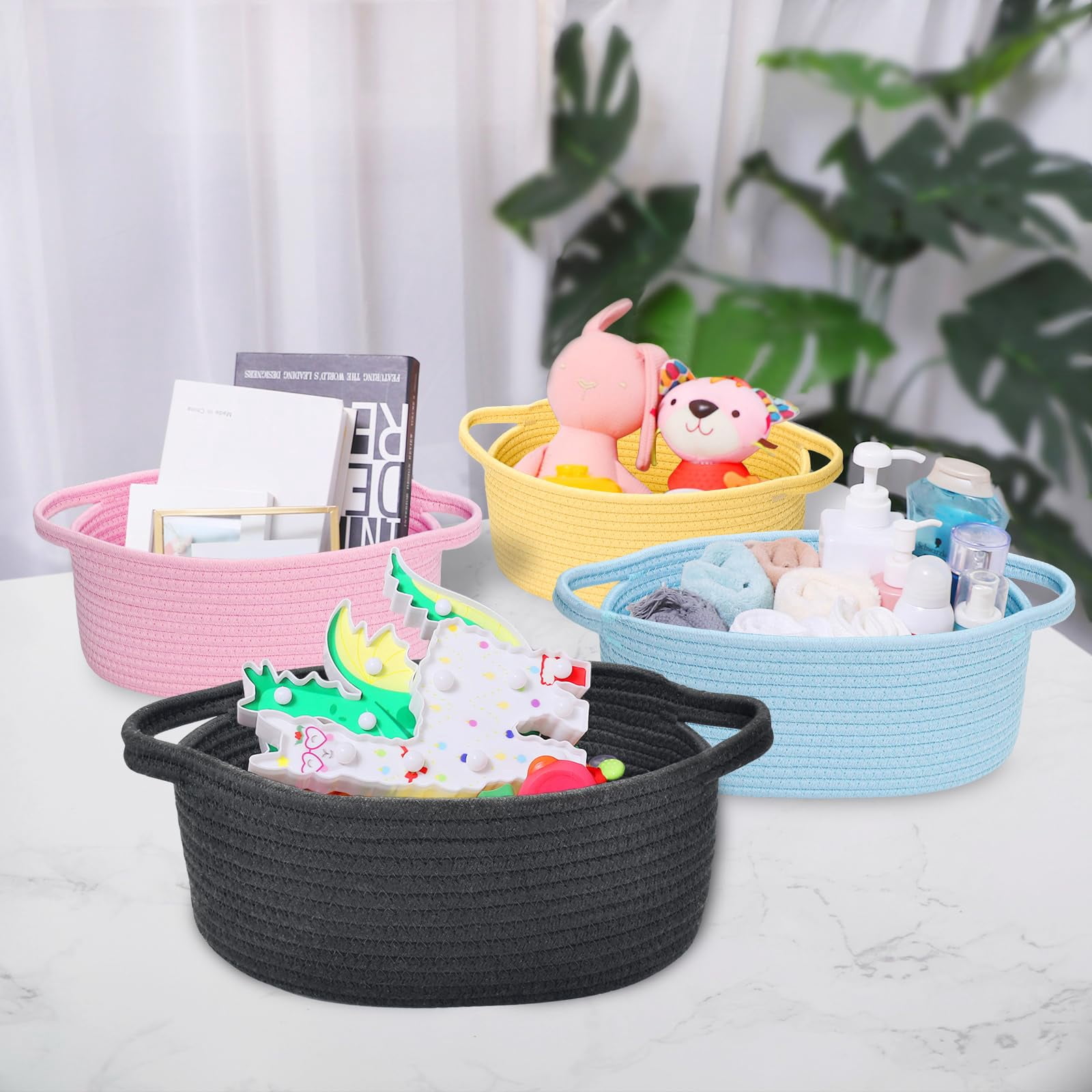 Small Basket with Handles, Boho Decorative Rope Woven Storage Bin Organizer, Pet Toy Storage, Easter and Holiday Gift Basket, 12"x8"x5", White