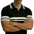 thumbnail image 5 of Men's Casual Lapel Shirt Acrylic Knit, Short Sleeve Shirt Breathable Comfort, Notch Lapel Regular Fit Button Closure, Stripe Texture Full Button Front, Daily Office | Zenithor,Black 2XL, 5 of 5