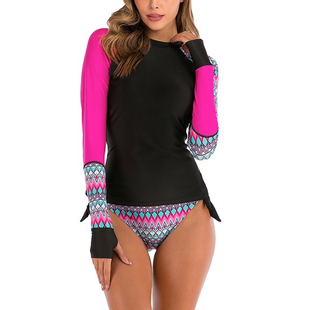 Charmo Women Rash Guard with String Bikini Two Piece Swimsuits Long Sleeve Bathing Suit