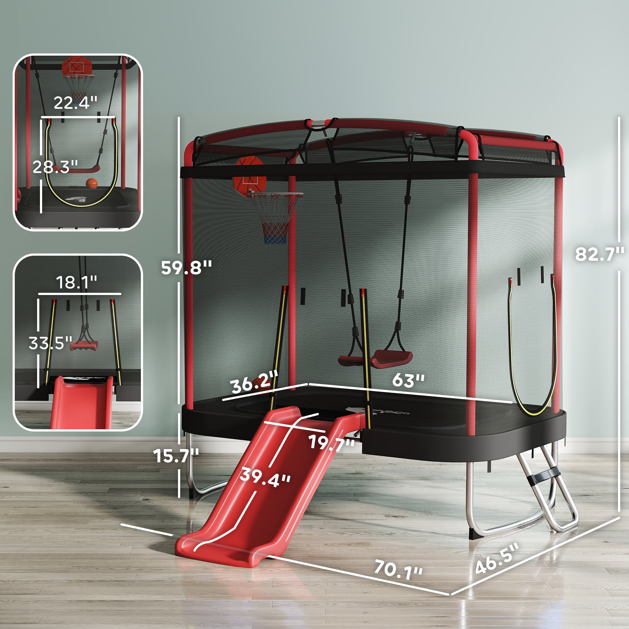 Qaba 4 x 6FT Trampoline for Kids, Indoor & Outdoor Toddler Trampoline with Slide, Swing, Basketball Hoop, Ladder and Safety Enclosure, Red