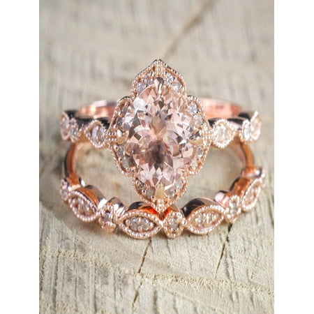 2 Carats Diamond Ring 2 carat Round Cut Morganite and Diamond Halo Bridal Wedding Ring Set in Rose Gold: Bestselling Design ()