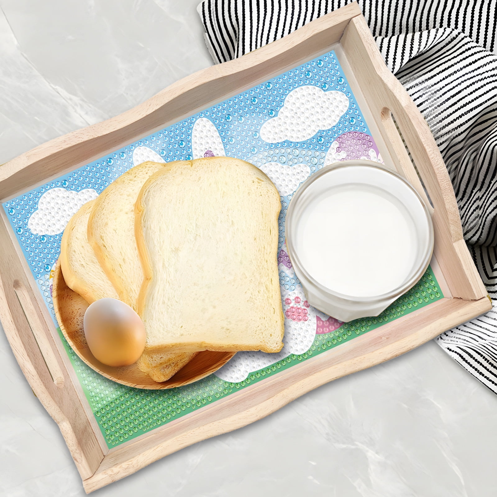 FLOPESN Easter Bunny DIY Diamond Art PaintingTray, Creative Design Handmade Wooden Dinner Plate For Kitchen、Coffee Shop