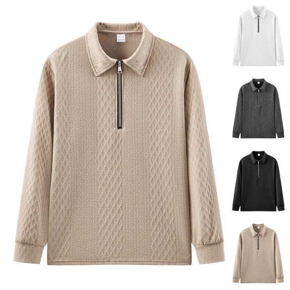 Aimik Polo Shirts for Men Long Sleeve Quarter Zip Diamond Quilted Casual Pullover Shirts Fall Winter Warm Textured Collared Tops