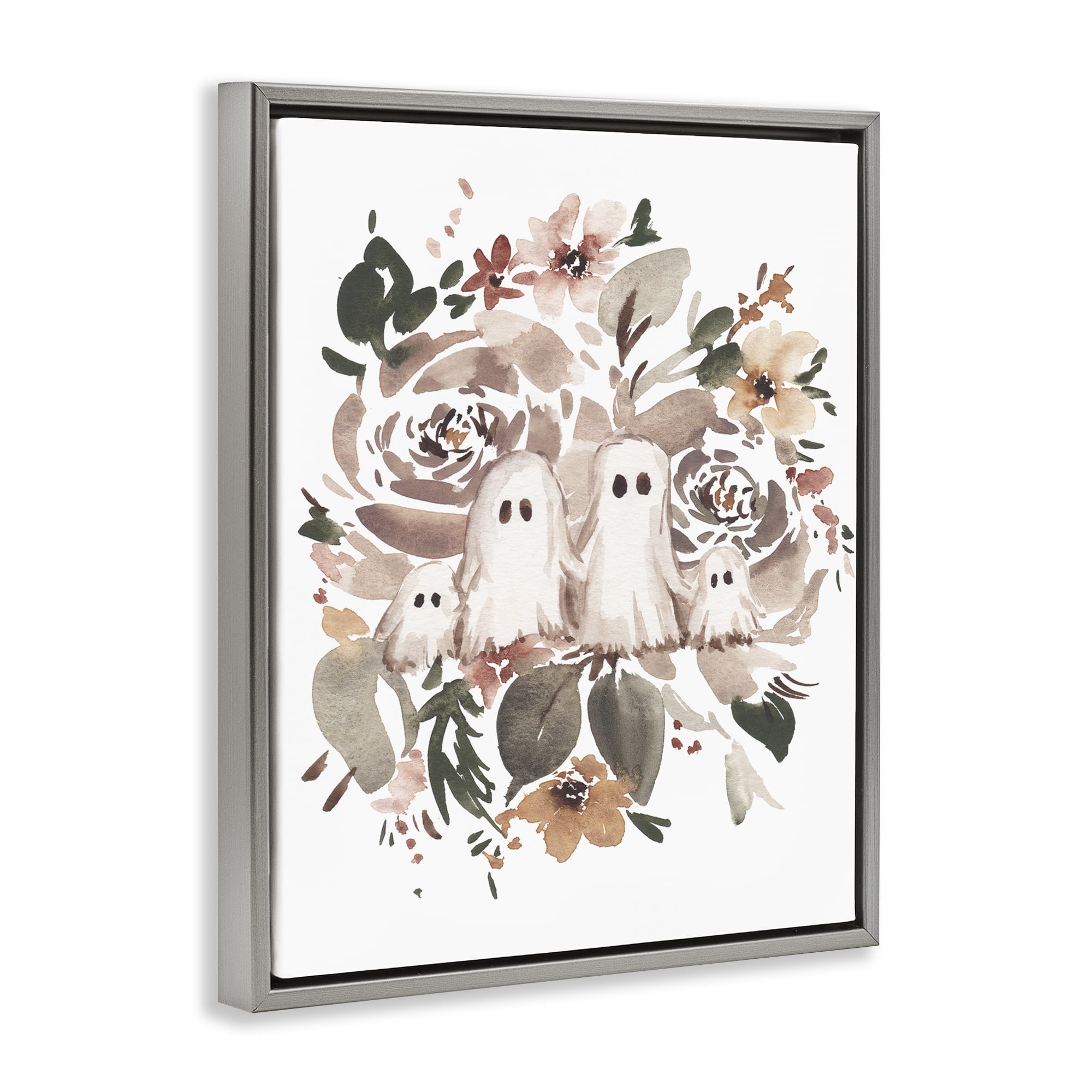 Stupell Industries Little Ghosts with Botanicals Holiday Painting Gray Floater Framed Canvas Art Print Wall Art, 17 x 21