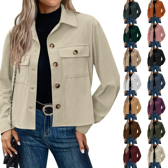 Corduroy Jacket Women Button Down Comfy Cropped Shacket Jacket Trendy Long Sleeve Coats with Pockets Outerwear 01-Complexion XXL
