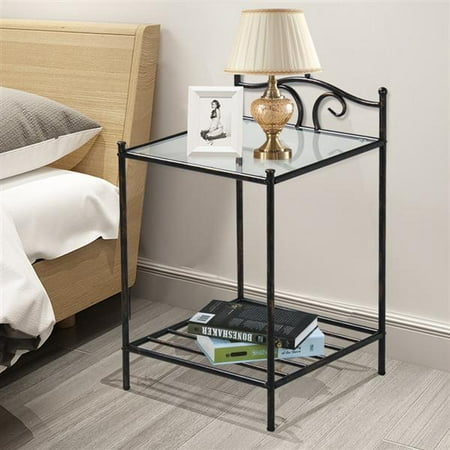 Glass Top Metal Finish - Yaheetech 2 Tier Metal Night Stand Antique Bedside Table Top Glass Shelf Storage