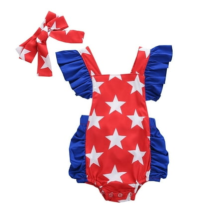 

ZRBYWB Girls Romper Summer Sleeveless Cotton Print Independence Day Suit Triangle Crawling Clothes With Baby Headband
