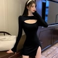 thumbnail image 2 of Robe Fendue Sexy à Col Rond pour Femmes, Taille Haute, Mini Robe de Club, Manches Longues, Printemps Été, Robe Slim, 2 of 6