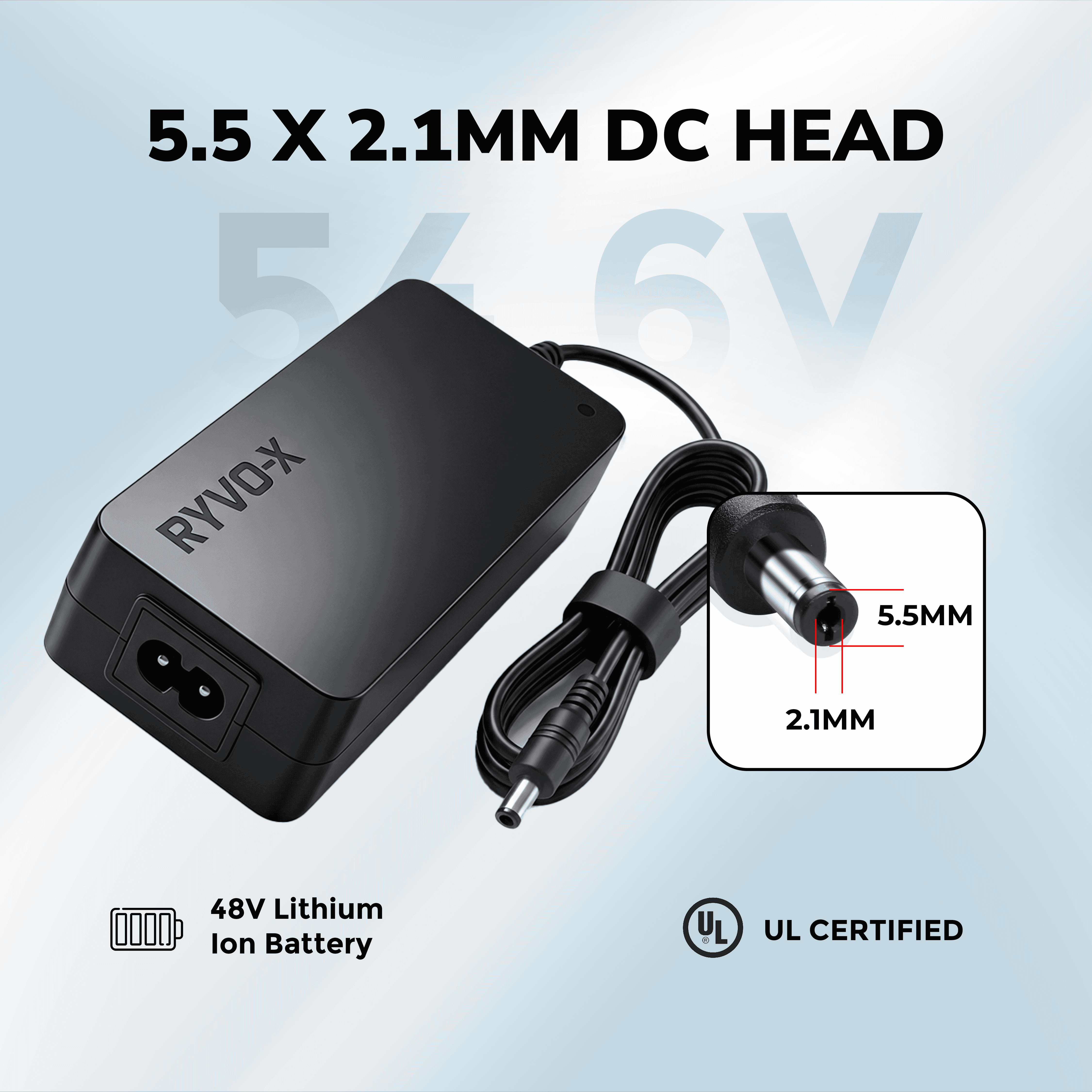 Ryvo-x 54.6V 2A 5.5 x 2.1mm DC Charger for 48V Lithium Ion Battery, UL Certified