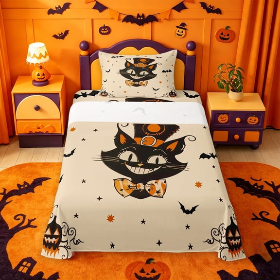 Homewish Cartoon Halloween Cat Twin Sheets,Witch Hat Pumpkin Bat Pattern Bedding,3-Piece,1 Fitted Sheet and 1 Pillowcase