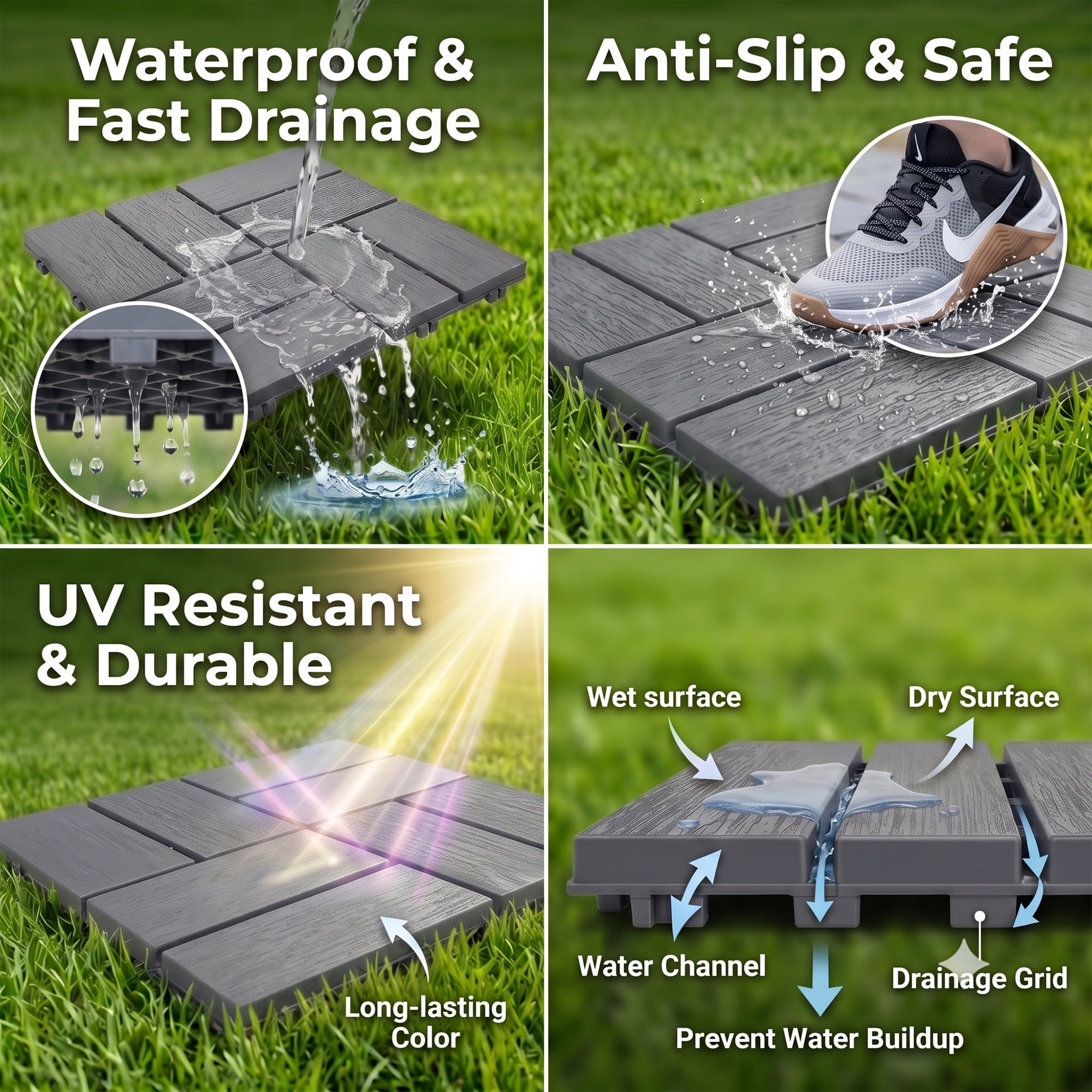 Interlocking Deck Tiles 12x12 in, Waterproof Non-Slip Outdoor Patio Flooring with Drainage Design, Snap Together Tiles for Poolside Porch Garden Backyard, Gray, 44pcs